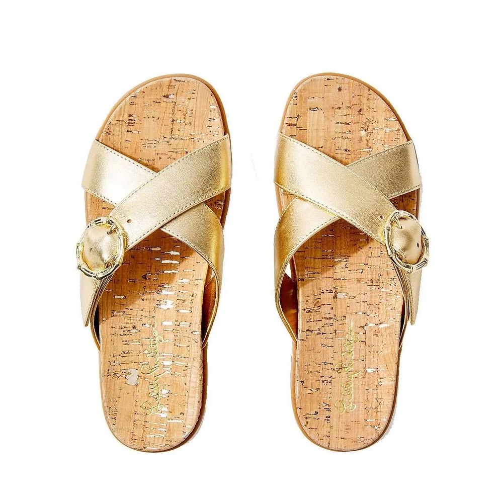 Lilly Pulitzer Bayshore Sandals Gold Metallic Leather Cork Slides Women's Size 9 - Picture 2 of 6